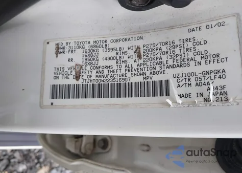 2002 Lexus Lx 470 from USA, damaged, VIN JTJHT00W223516907